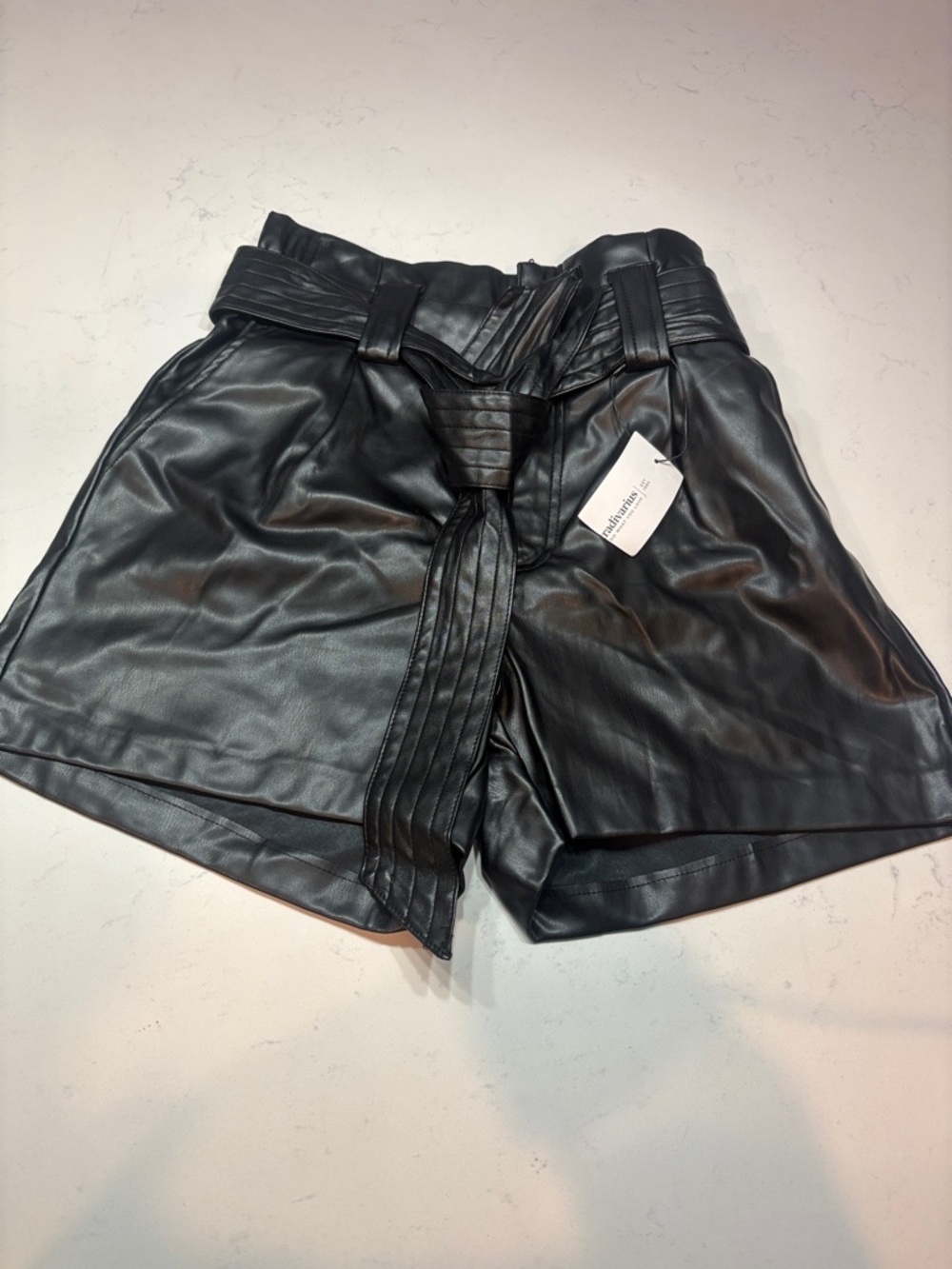 stradivarius Black Faux Leather Paperbag Waist Shorts with Tie